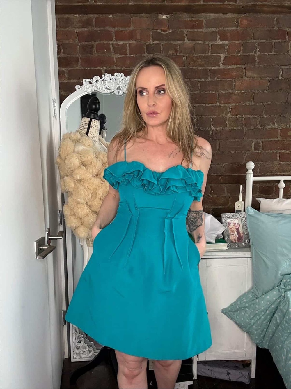 Emanuel Ungaro Teal Ruffle Strapless Mini Dress